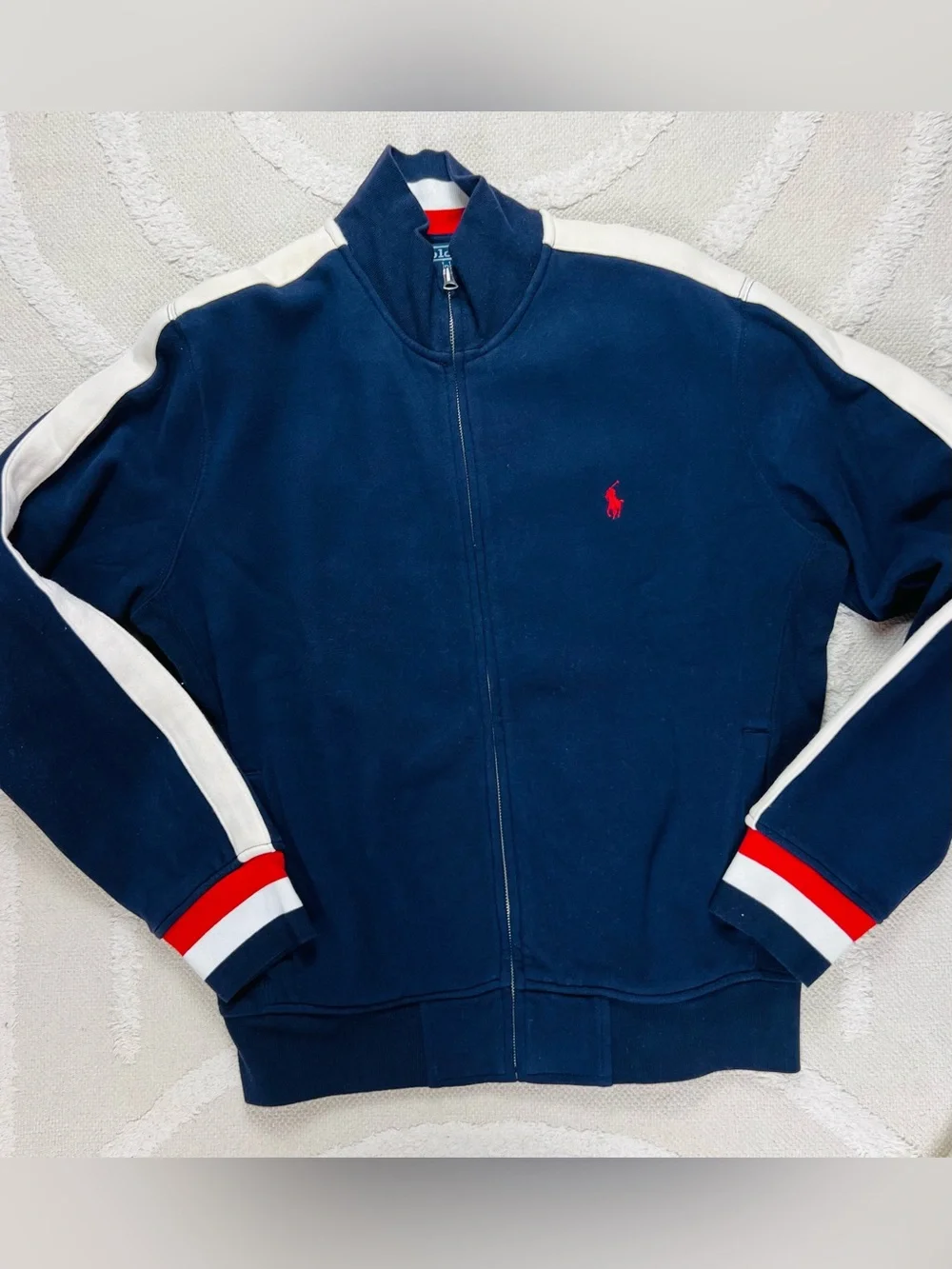 Polo Ralph Lauren Navy Track Jacket with Cream Sleeve Stripes – Size L